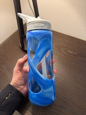 CamelBak Blue and White Water Bottle with Silicone Sleeve